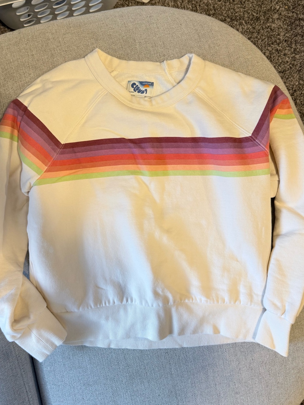 Marine Layer Womenโs Cream Crewneck with Rainbow Stripe